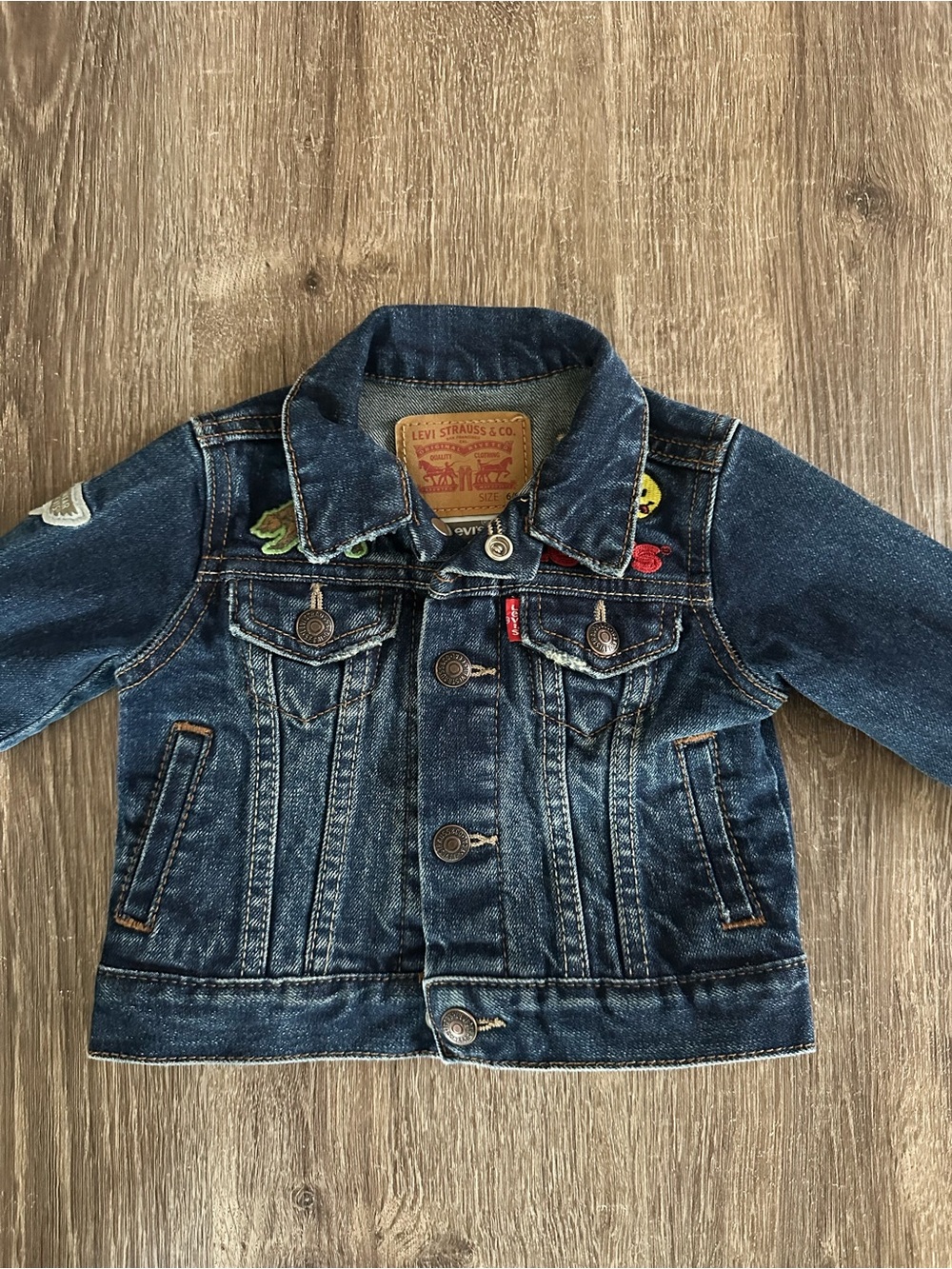 Levi's Kids Dark Blue Denim Jacket with Colorful Patch Accents